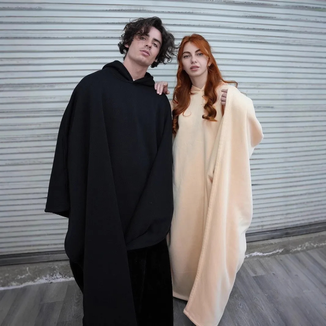 Autumn Winter New Unisex Trendy Solid Color Wool Blend Cape Hoodie Loose Fit Warm Comfortable Versatile Casual Hooded Outerwear