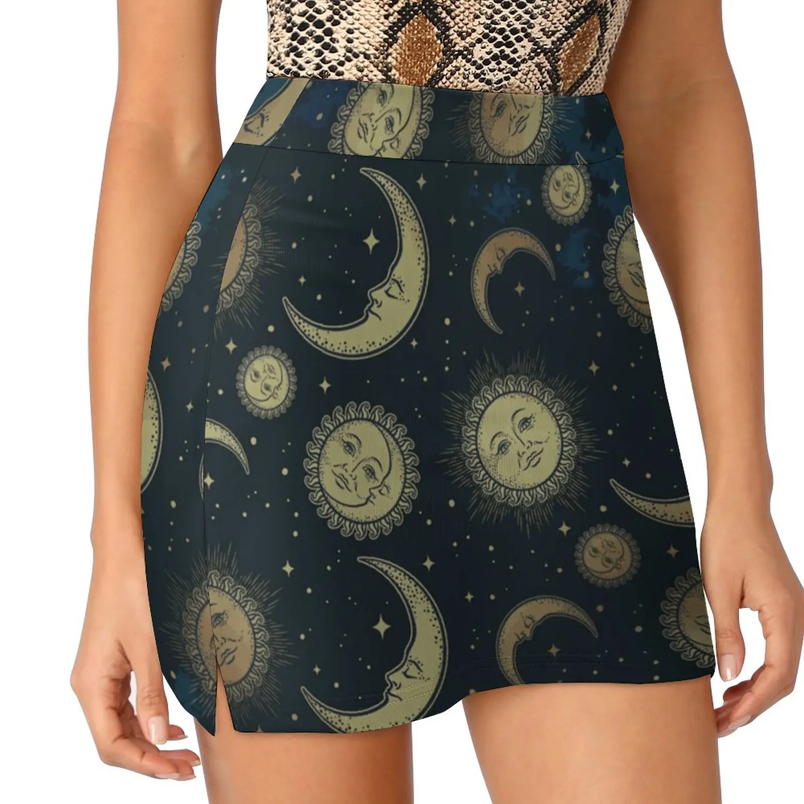 Retro Sun Moon And Stars Vintage Celestial Night Skirts Woman Fashion 2022 Pant Skirt Mini Skirts Office Short Skirt Gold Sun