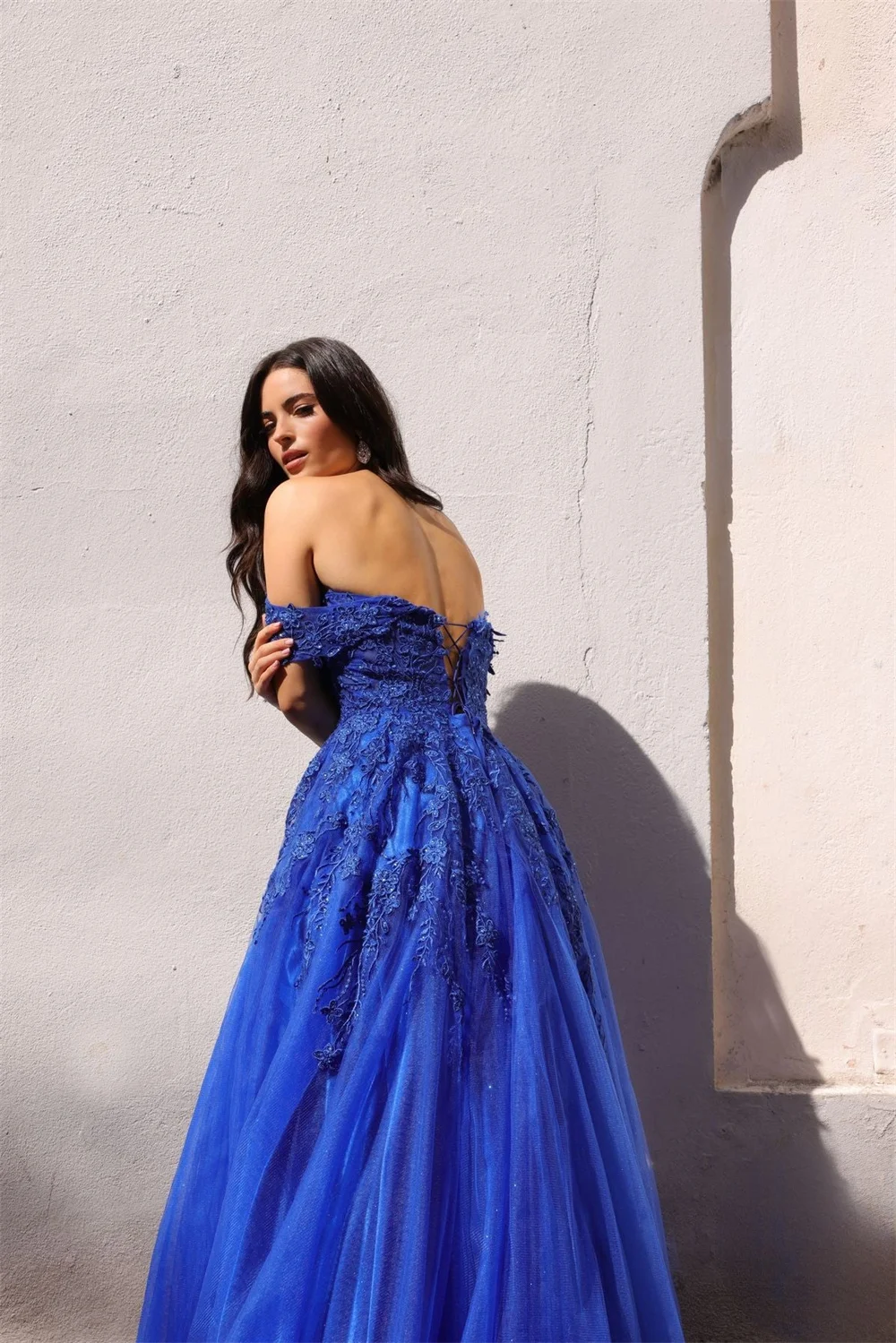 Amanda 2024 Sapphire Blue A-line Vestido De Novia Sweet Off Shoulder Lace Evening Dress Corset Tulle Sweep Train Prom Dress 2024