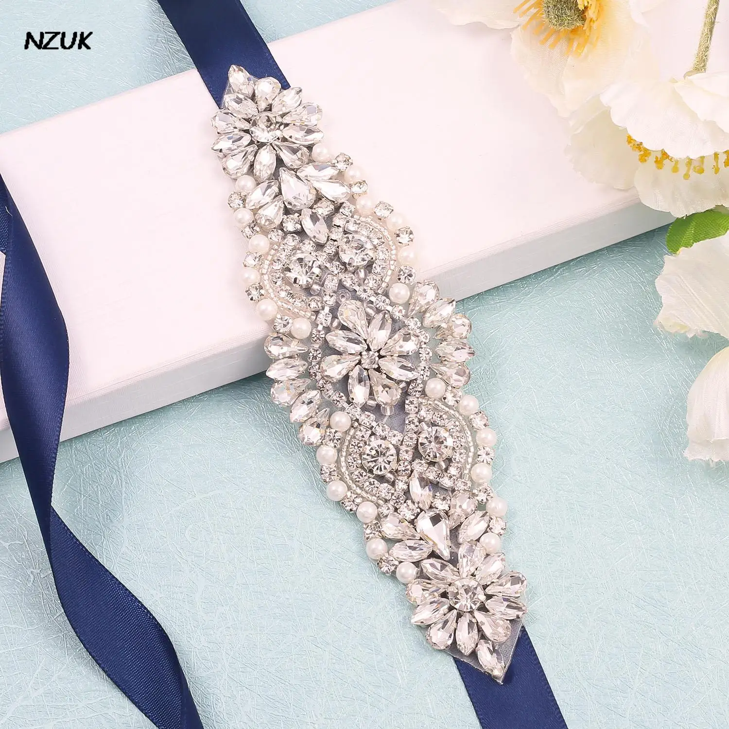 Nzuk Bruids Jurk Riem Met Zilveren Kristallen Rhinestone Applique Sash Riemen Voor Bruidsmeisje Riem Navy Wedding Diamond Riem