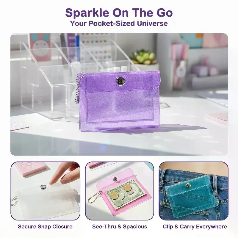 1Pcs Mini PVC Clear Card Holder Keychain Glitter Transparent Coin Purse Snap Button Wallet For Earphone Jewelry Daily Storage