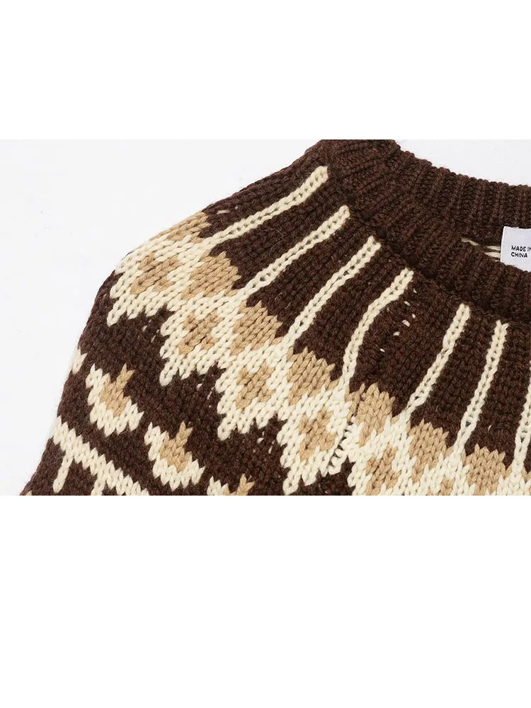 

HH Woman Fashion Winter Round Neck Jacquard Short Sleeves Knitted Sweater Female Casual Slim Fit Street Style Sweater Pullover