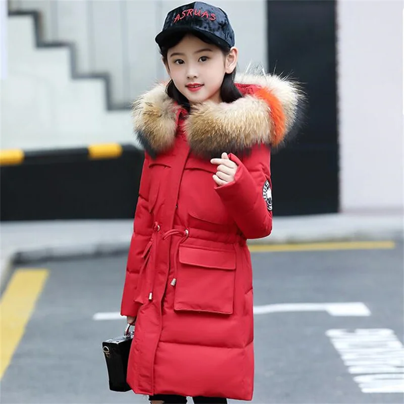 3-12T Girls\' Coat Big Fur Collar Hooded Jacket Casual Winter Thick Warm Cotton Coat Mid-length Down Jacket Girls Quilted Jacket