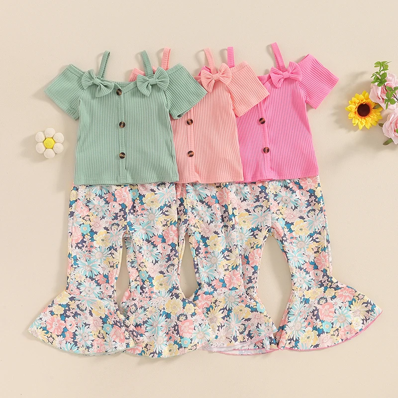 

Tregren 1-5Years Kids Girls Pants Set Short Sleeve Bow T-shirt Top with Flower Print Flare Pants Children's Summer Casual Outfit