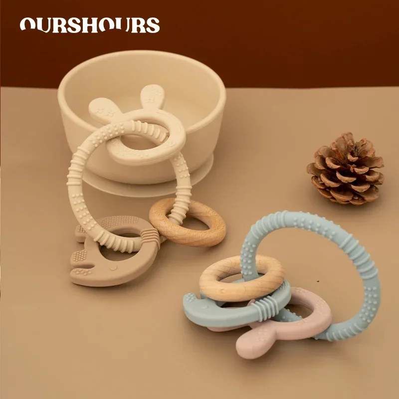 

Baby Silicone Wooden Rattles Teether Toys BPA Free Cartoon Animal Infant Teething Rings for Newborn Sensory Toy Baby Accessories