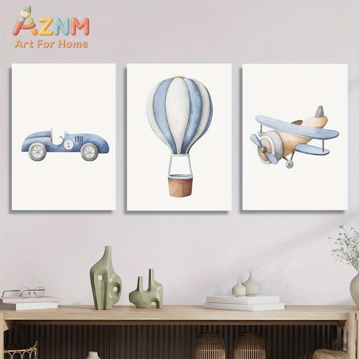 AZNM Transport Vehicle Canvas Wall Art Vintage Car Hot Air Balloon Airplane Watercolor Frameless Canvas Painting Boys Nursery Ho