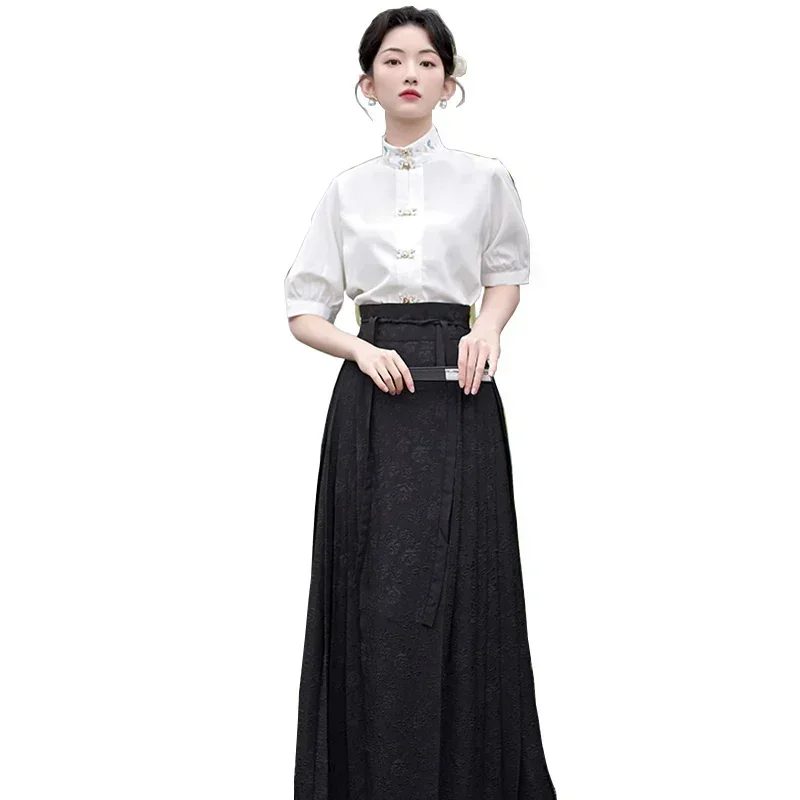 Vrouw Ming Dynastie Hanfu Paard Gezicht Rok Chinese Traditionele Hanfu Kostuum Kraag Vintage Plooien Rok Zwart