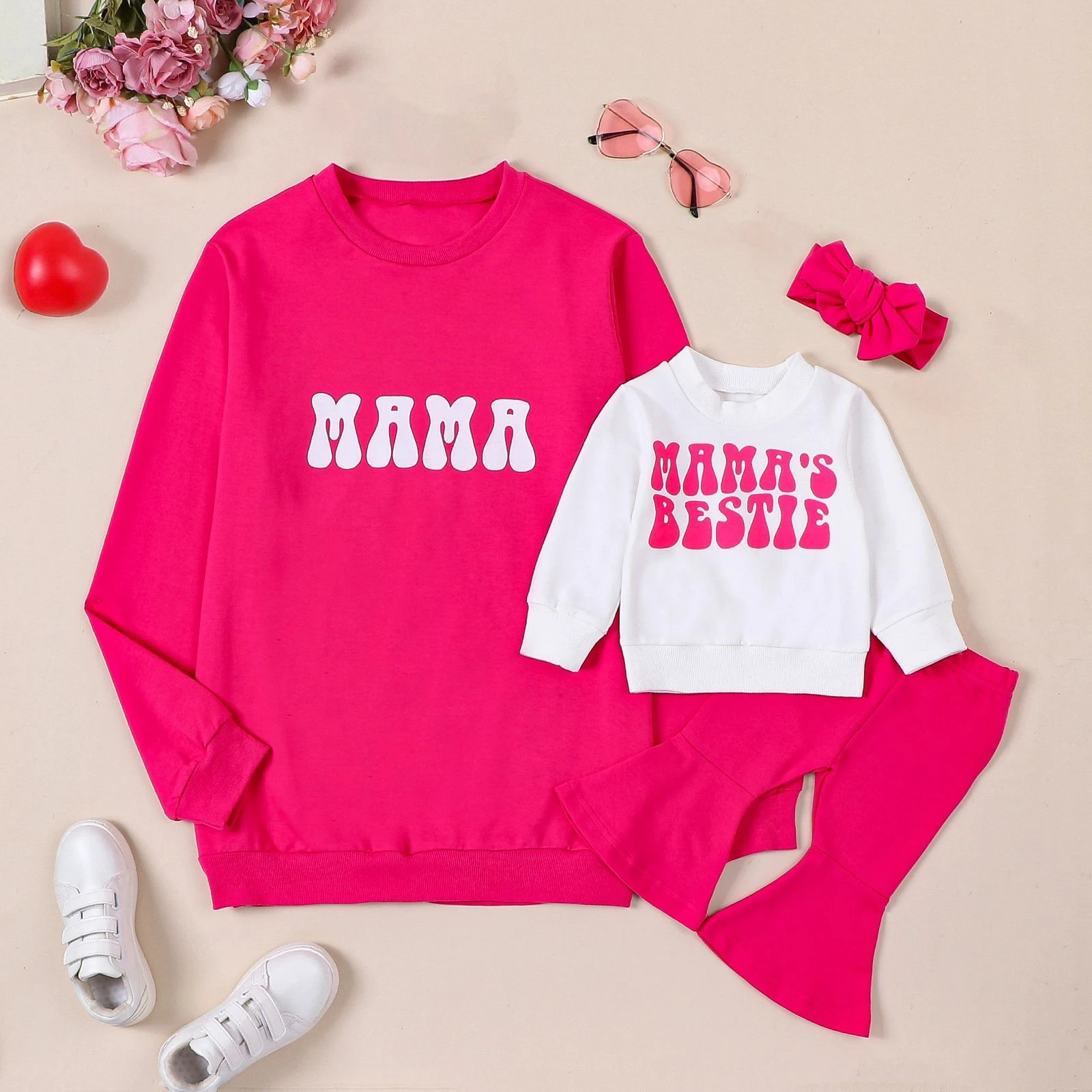 FOCUSNORM Mommy and Me Family Matching Clothes Letter Printed Long Sleeve Sweatshirt with Pants Headband Outfits