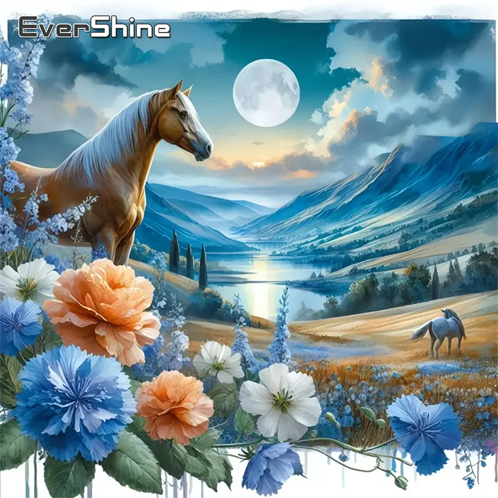 Evershine-pintura de diamante de caballo, Animal, recién llegado, bordado de montaña artesanal, punto de cruz de río, mosaico, decoración de flores para el hogar