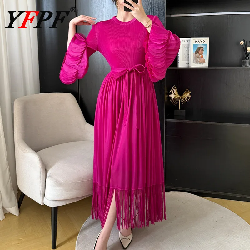

YFPF Fashion Pleated Dress For Women Tassel Design Patchwork Sleeve Belt Gathered Waist A Line Long Dresses 2025 New 3A356