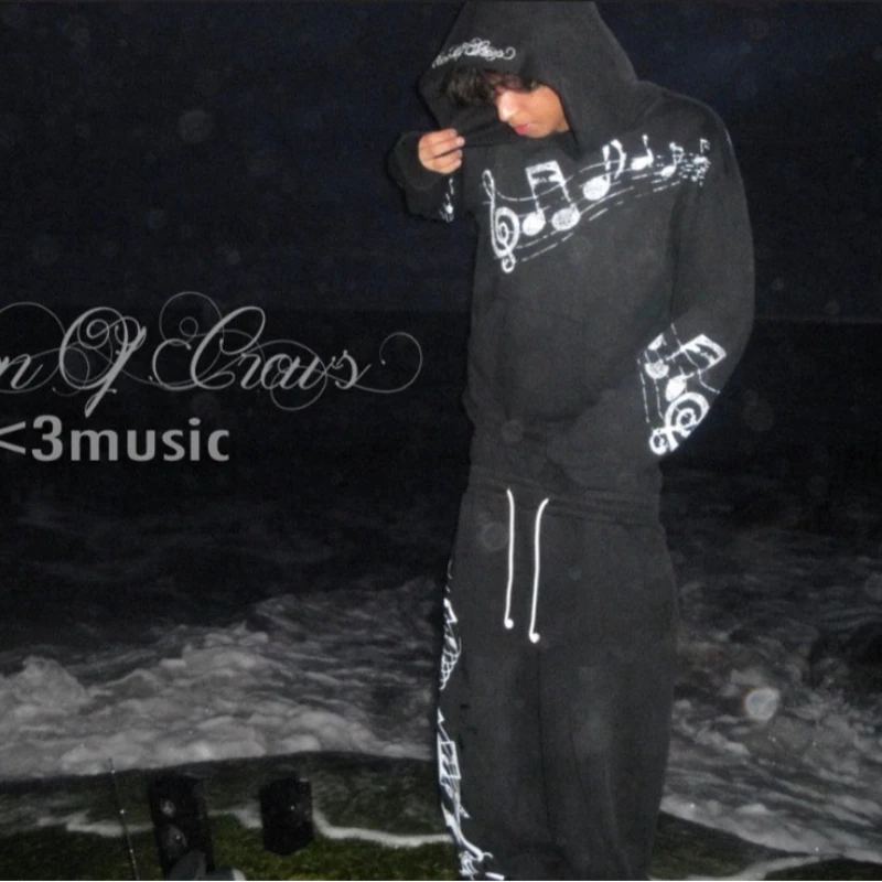 

2025 graffiti printed sweatshirt and pants set, long sleeved pullover hoodie, retro jacket for street wear