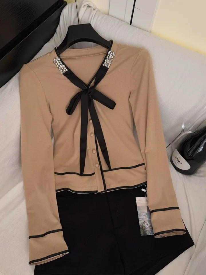 

Корейский Sle Long Sve V-Ne, облегающий женский топ с бриллиантами, модная цветная блузка, универсальная футболка с поясом