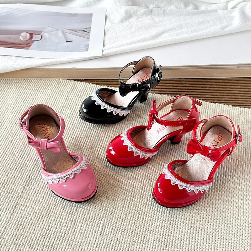 New Girls High Heel Sandal Sweet Bow Princess Fashion Children Dress Shoes Non-slip Catwalk Kids Mary Jane Sandals Wedding Party