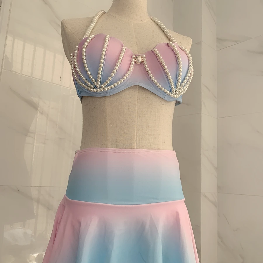 Mermaid Hand-Sewn Pearl Gradient Shell Swimsuit Women'S Split Spa Bikini Large Breasts Small Breasts Steel Support Swimsuit