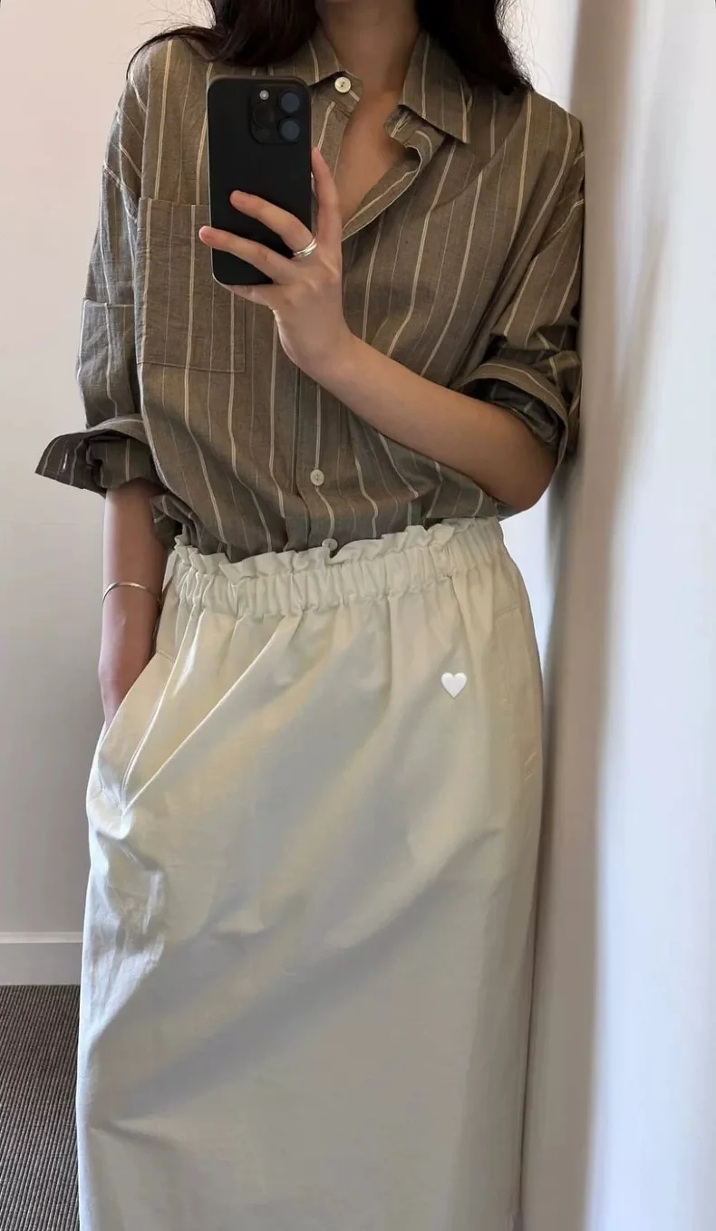 

Casual Elastic Waist Long f Skirt NE Sle Commute Versatile Loose Fit High Waist Polyester Nylon Cosite Fiber Cotton