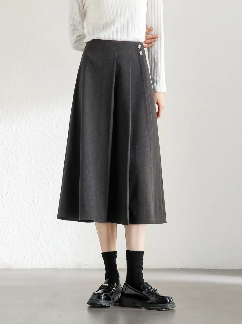

SENTUBILA Midi Pleated Skirts for Women 2024 Winter Grey Thick Warm A-line Office Lady Button Elegant Long Skirts 144Q57477