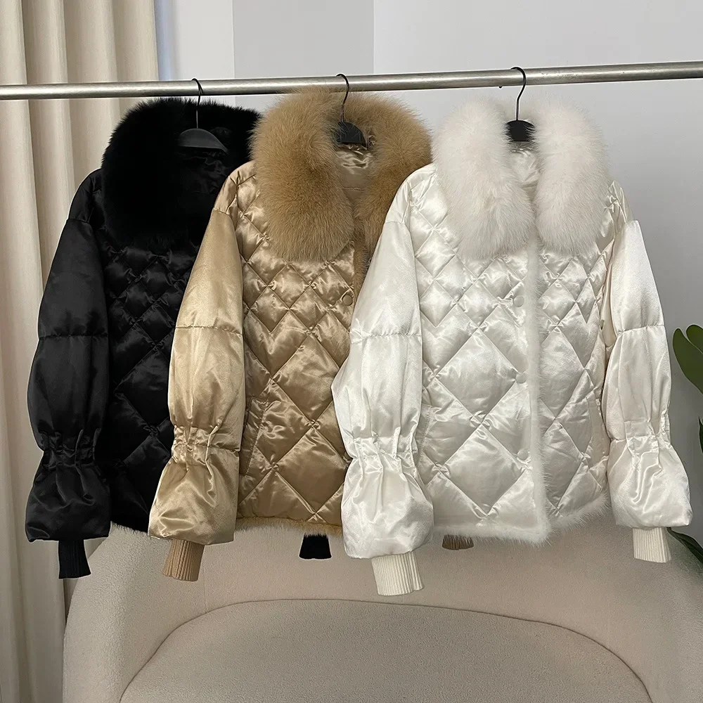 

2025 Women Winter 90% White Duck Down Coat Fox Fur Collar Mink Down Jacket Short Loose Casual Thickened Warm Overcoats