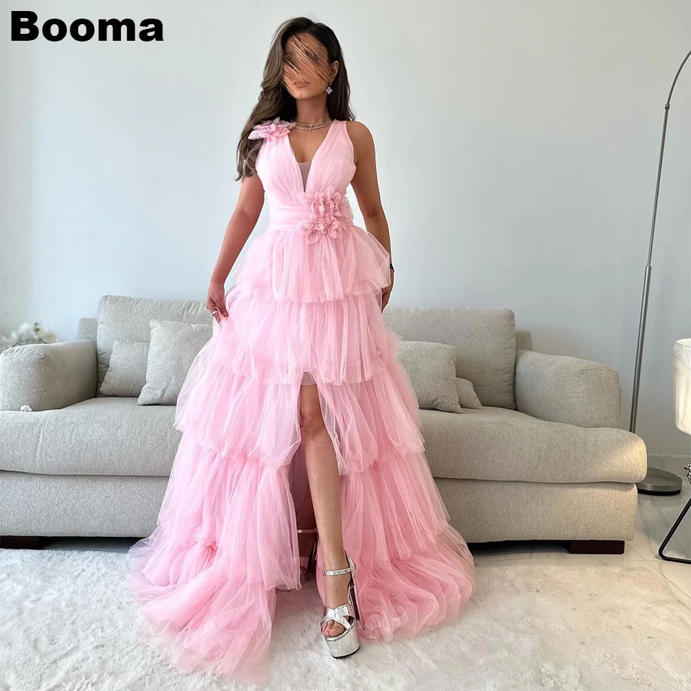 

Booma Pink Tiered Tulle Prom Dresses V Neck 3D Flowers Long Formal Evening Dress for Women Side Slit Wedding Guest Gowns Dubai