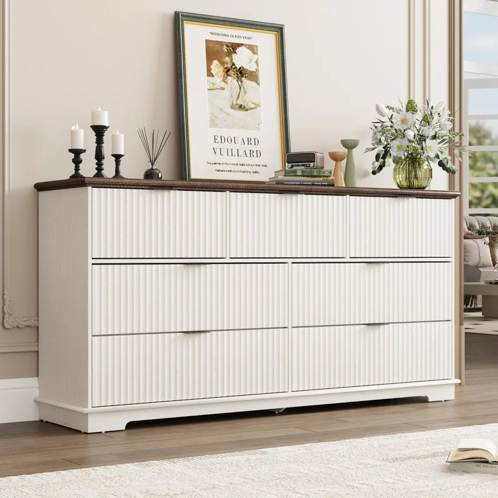 

Fluted 7 Drawers Dresser for Bedroom, 63" Wood Dresser with Power Outlet and Deep Drawers, Wide Chest of Drawers, Modern Closet