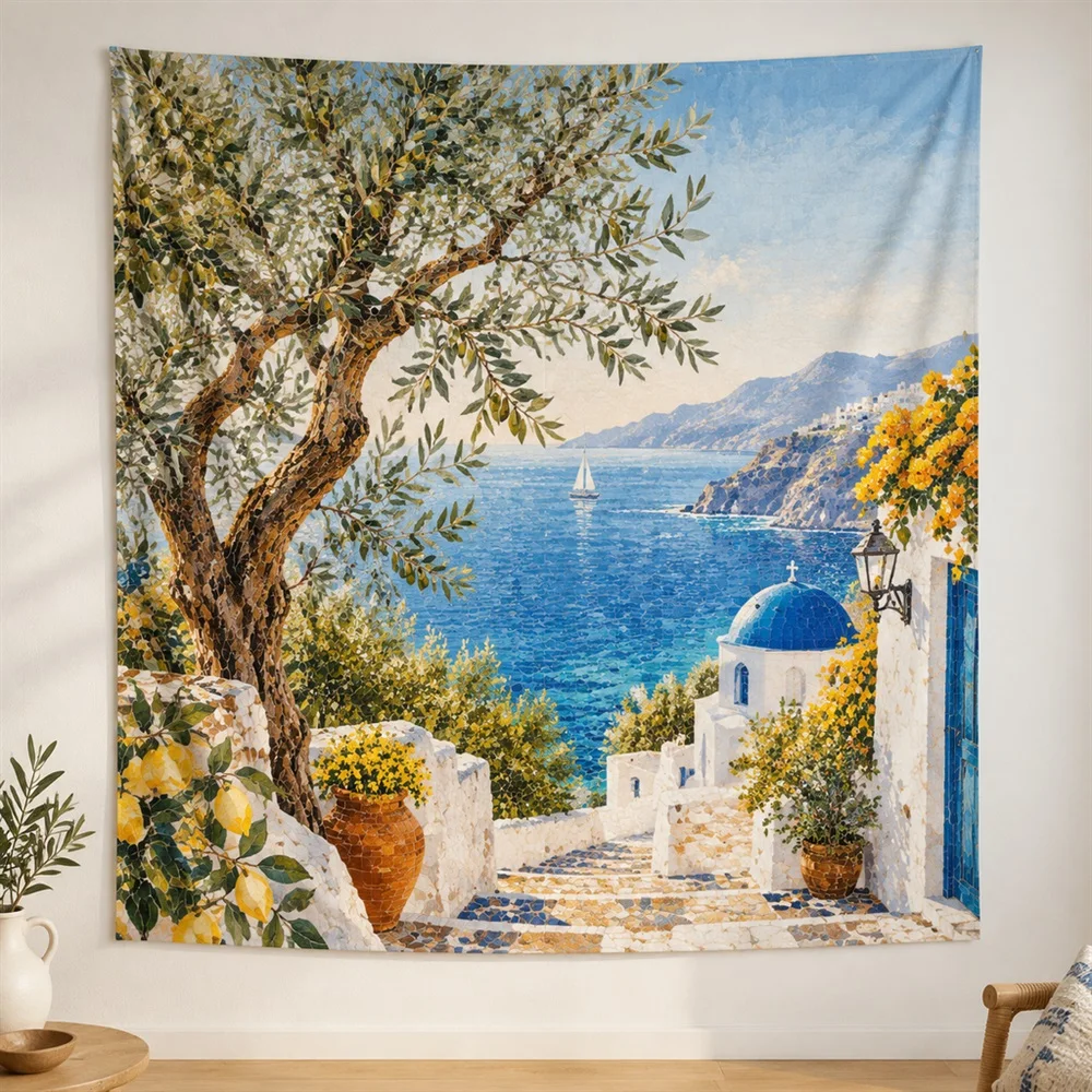 VIKAMA Olive Tree Grove Diagonal Flow Tapestry Wall Hanging, Mediterranean Wall Art Tapestries for Bathroom Bedroom Living Room