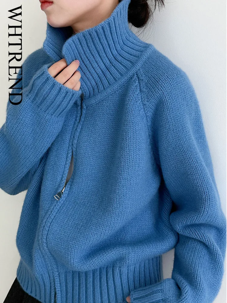 

WHTREND Дизайнерский свитер с двойной молнией для женщин, новый осенний стиль, повседневная универсальная вязаная куртка, пальто WH1857