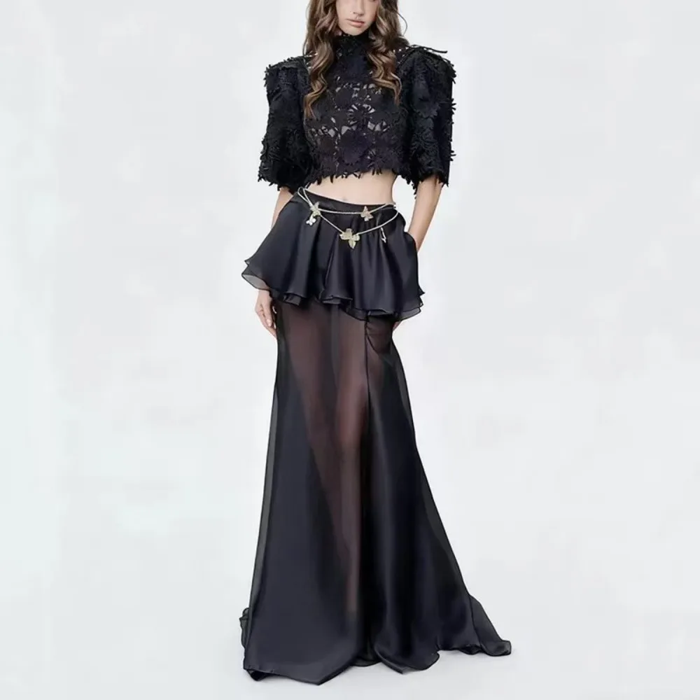 SSexy Sheer Two Piece Set Elegant Hollow Out Embroidery Short Sleeves Top High Waist Pleated Mermaid Skirt Set High Street