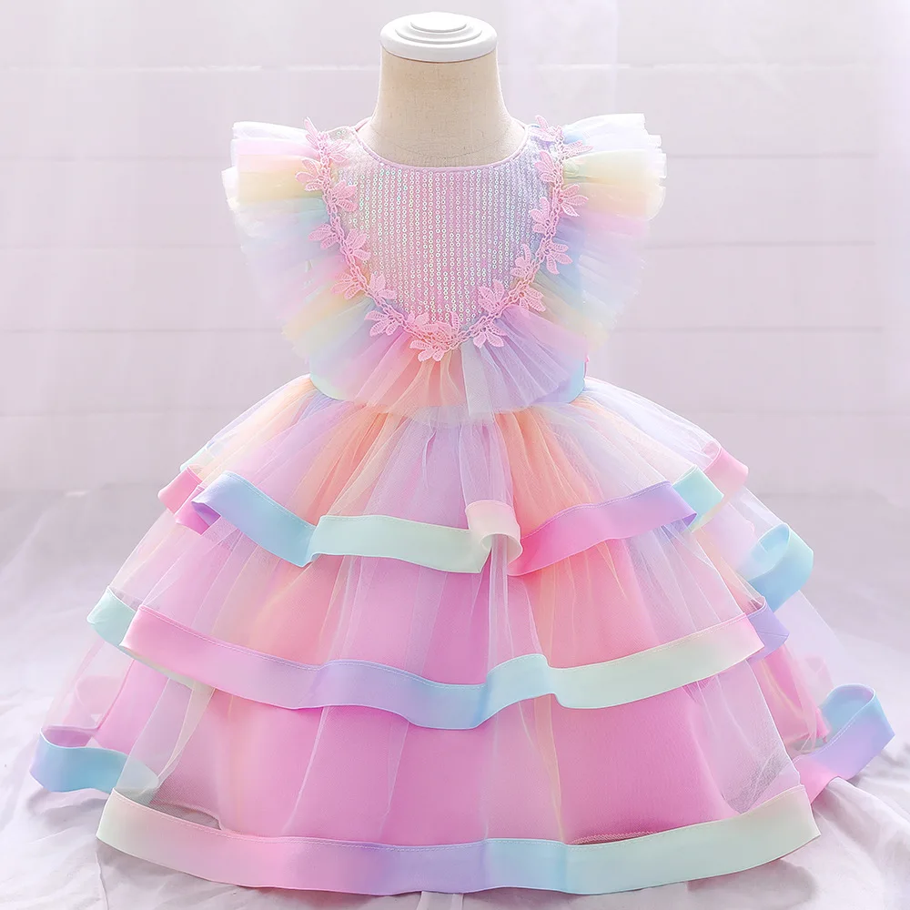 Girls Party Dresses 2 Colors 70cm-90cm Birthday Layered Dress Kids Baby Ball Gown Wedding Performance Costume Colorful