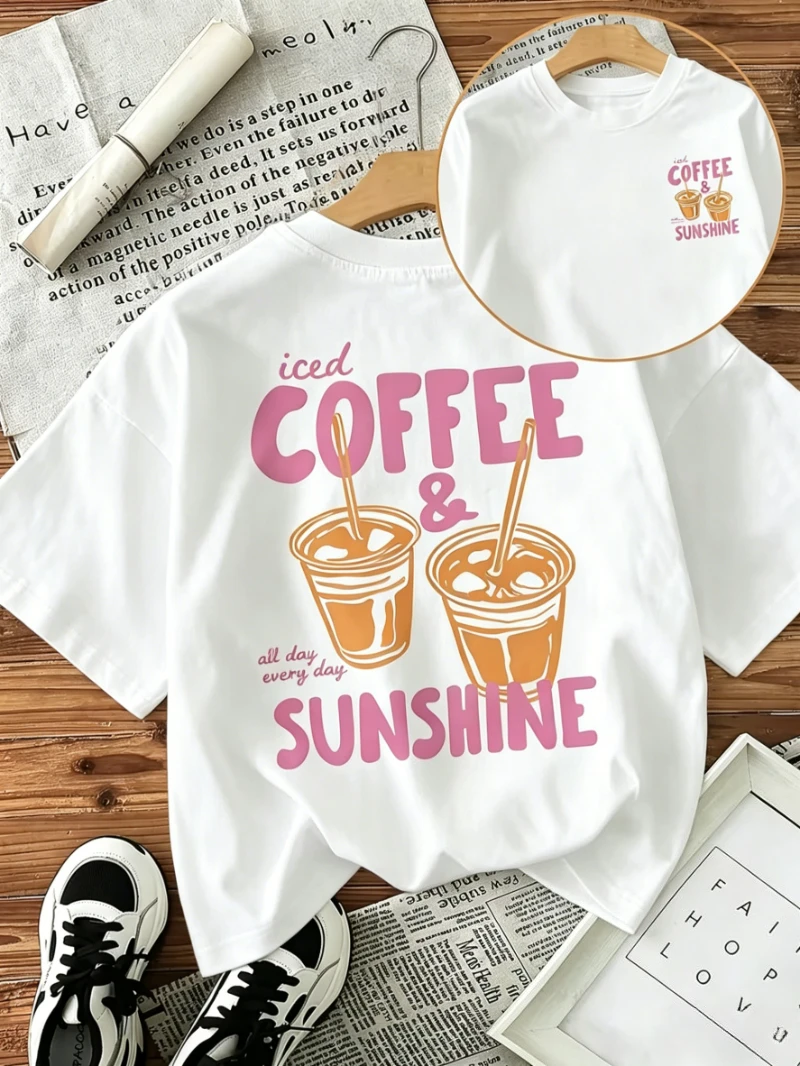 Iced Coffee & Sunshine Graphic T-Shirt, Front & Back Printed Casual Loose Crew Neck Short Sleeve, All-Season Daily Casual Top