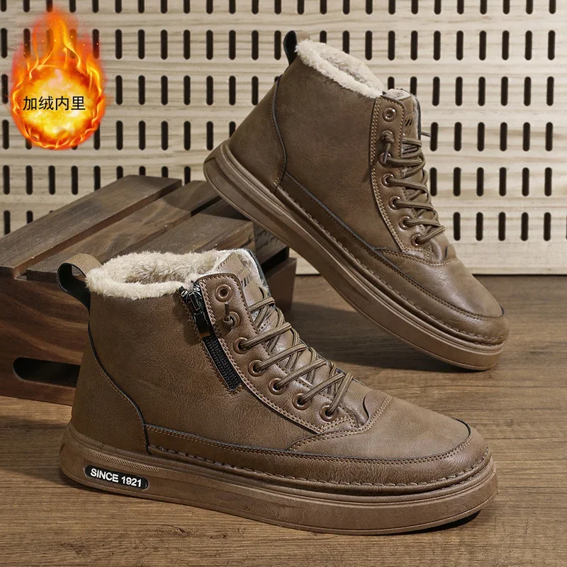 Botas masculinas de inverno sapatos de algodão quente de alta qualidade sapatos casuais de couro moda botas de tornozelo de pelúcia antiderrapante botas de negócios ao ar livre masculino