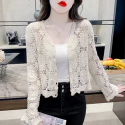 Hollow Out Crochet Short Lace Shirts Women Korean Style Sweet Summer Cardigan Ladies Girls Long Sleeve V-neck Beige White Tops