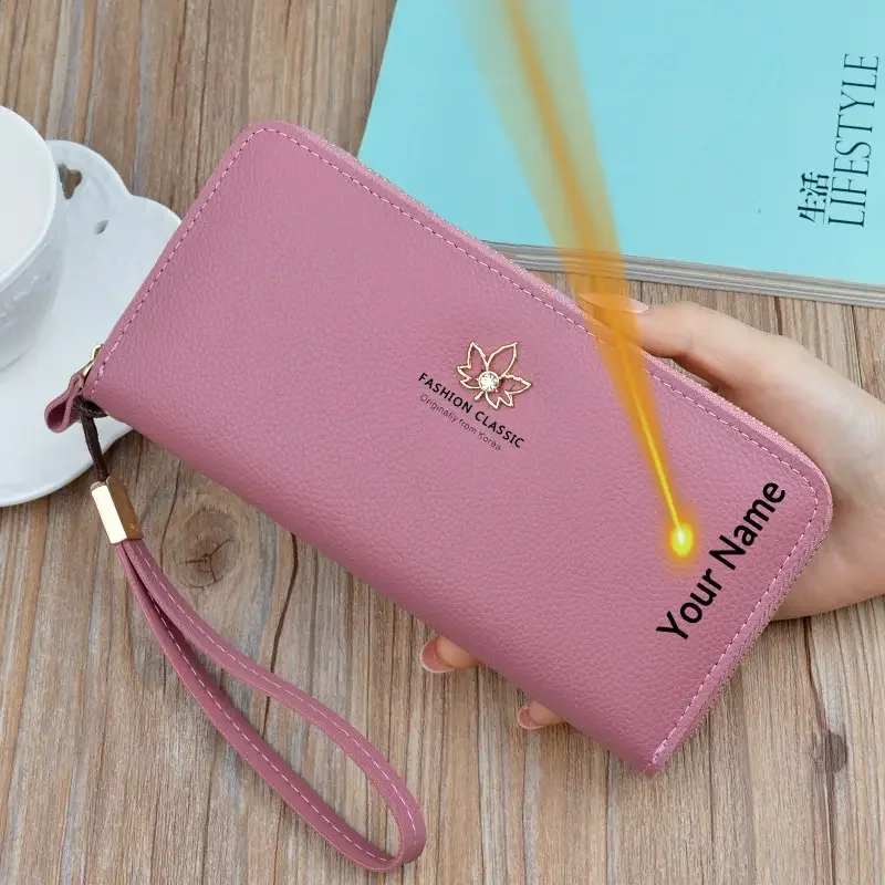 Dompet Kartu Kulit Desain Fashion, Dapat Diukir Nama, Dompet Panjang Wanita dengan Ritsleting, Hadiah Hari Ibu yang Penuh Perhatian
