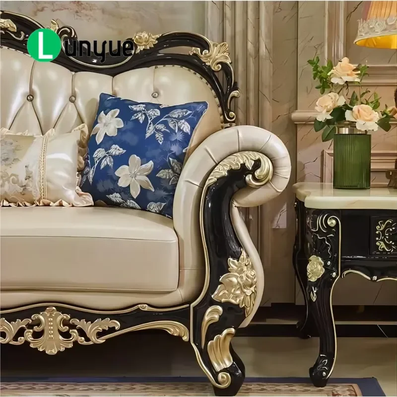 European Classic Luxury L Shaped Sofa Solid Wood Hand Carved Gold Foil Leather Couch High Quality Design Living Room