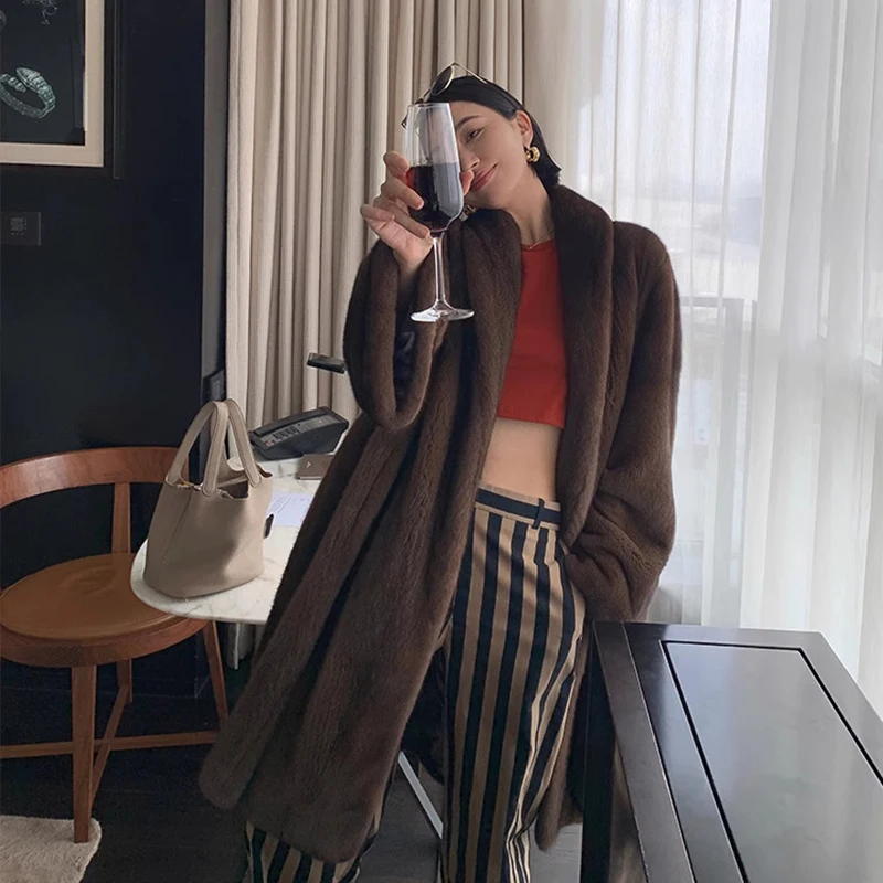 Ftangaiur-abrigo de invierno para mujer, abrigo de piel de visón de terciopelo de cisne importado, albornoz con cuello vuelto, abrigos de piel de visón auténtica