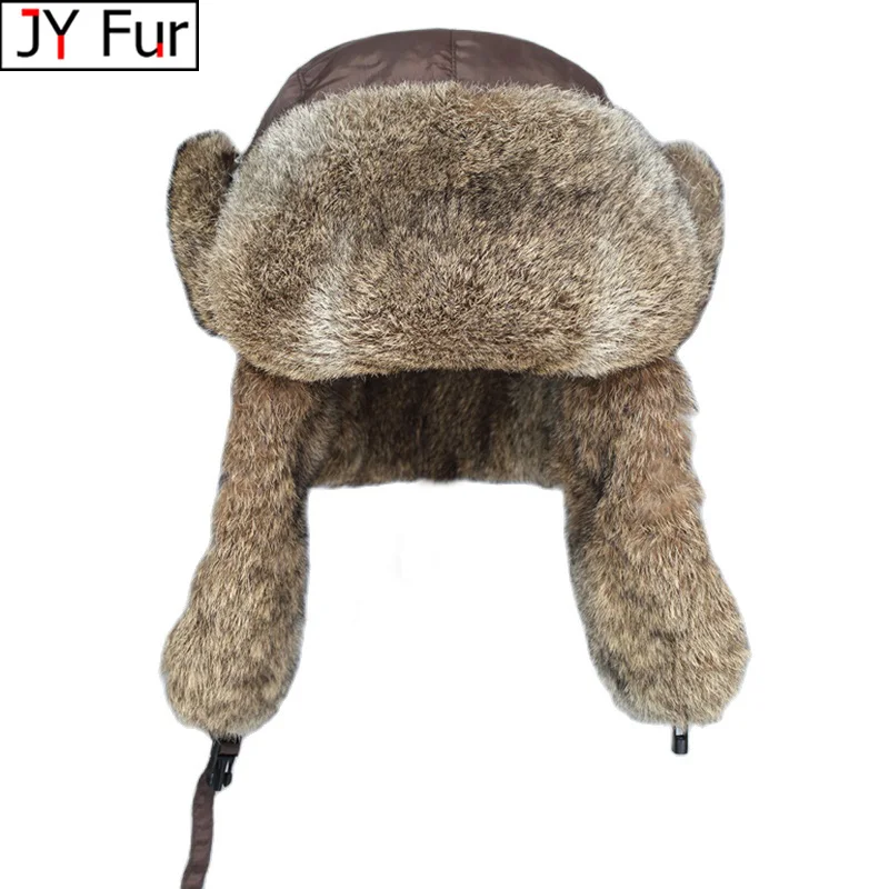 Sombrero de bombardero de piel de conejo Real para hombres, gorras de piel de conejo Natural, suave, súper cálido, a prueba de viento, al aire