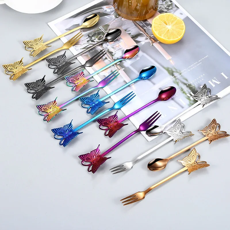 1Pc 304 Stainless Steel Coffee Spoon Teaspoon Gold Plated Sugar Dessert Fruit Fork Mirror Polishing Butterfly Handle Dinnerware