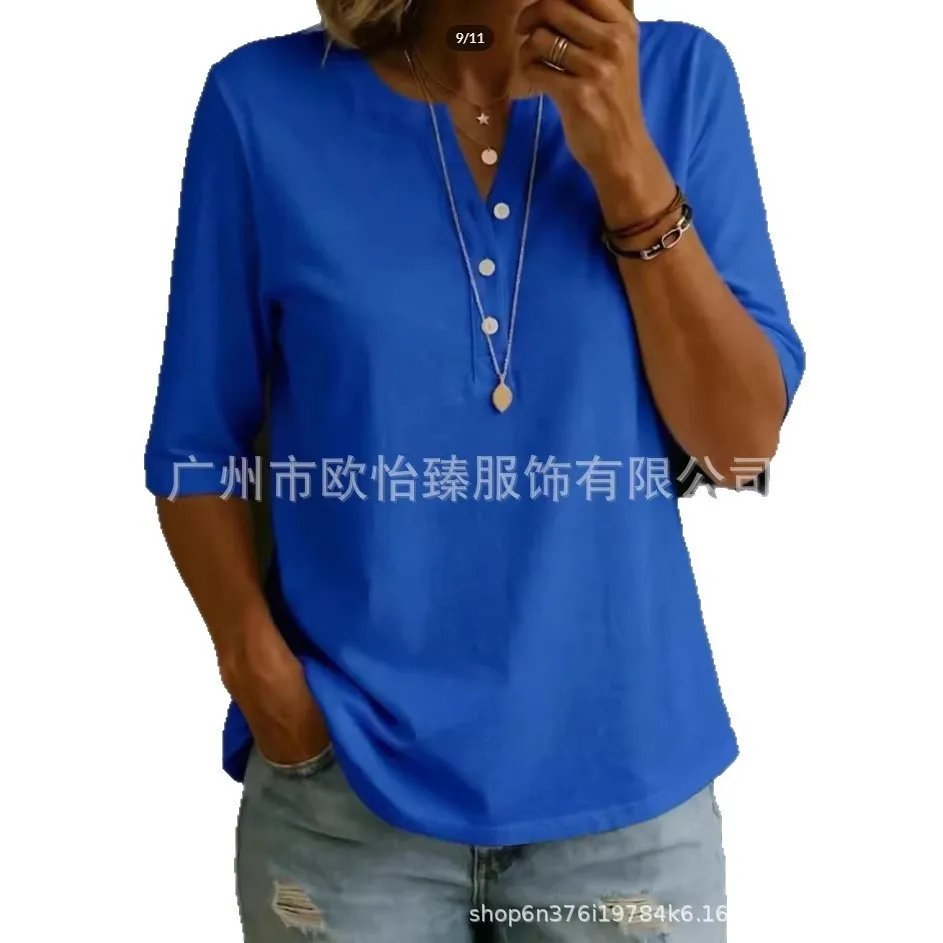 Short Sleeve Crew Neck Shirt with Button Closure Loose Fit Regular Sleeve Pullover Office Style Women Blouses and Shirts