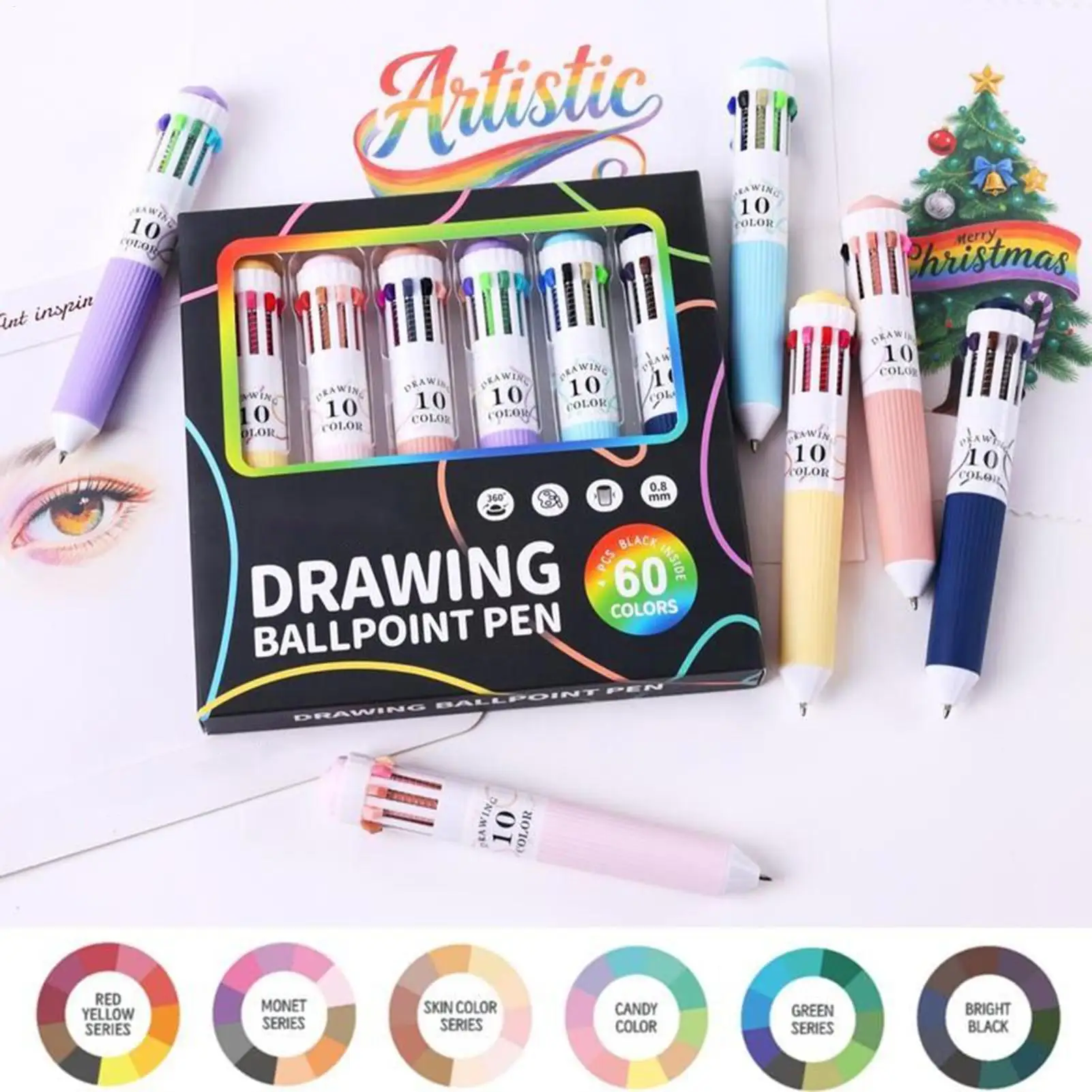 60 Colors Multi-color Ballpoint Pen Set 0.88mm, 10-in-1 Colored Pens Fine Point Retractable Ballpoint Pens for Office School