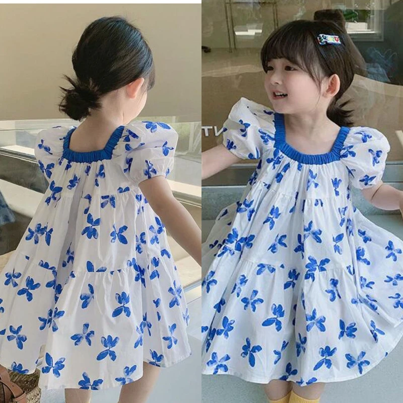 

Baby Costume for Girls Floral Print Dress Cute Bubble Sleeve Blue and White Porcelain Children's 2 3 4 5 6 7 8 Year Bow Dresses