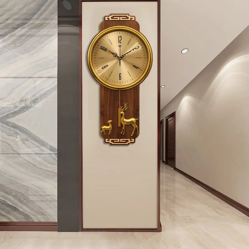 New Chinese style wall clock living room home fashion Chinese style simple and silent solid wood light luxury decorative clock