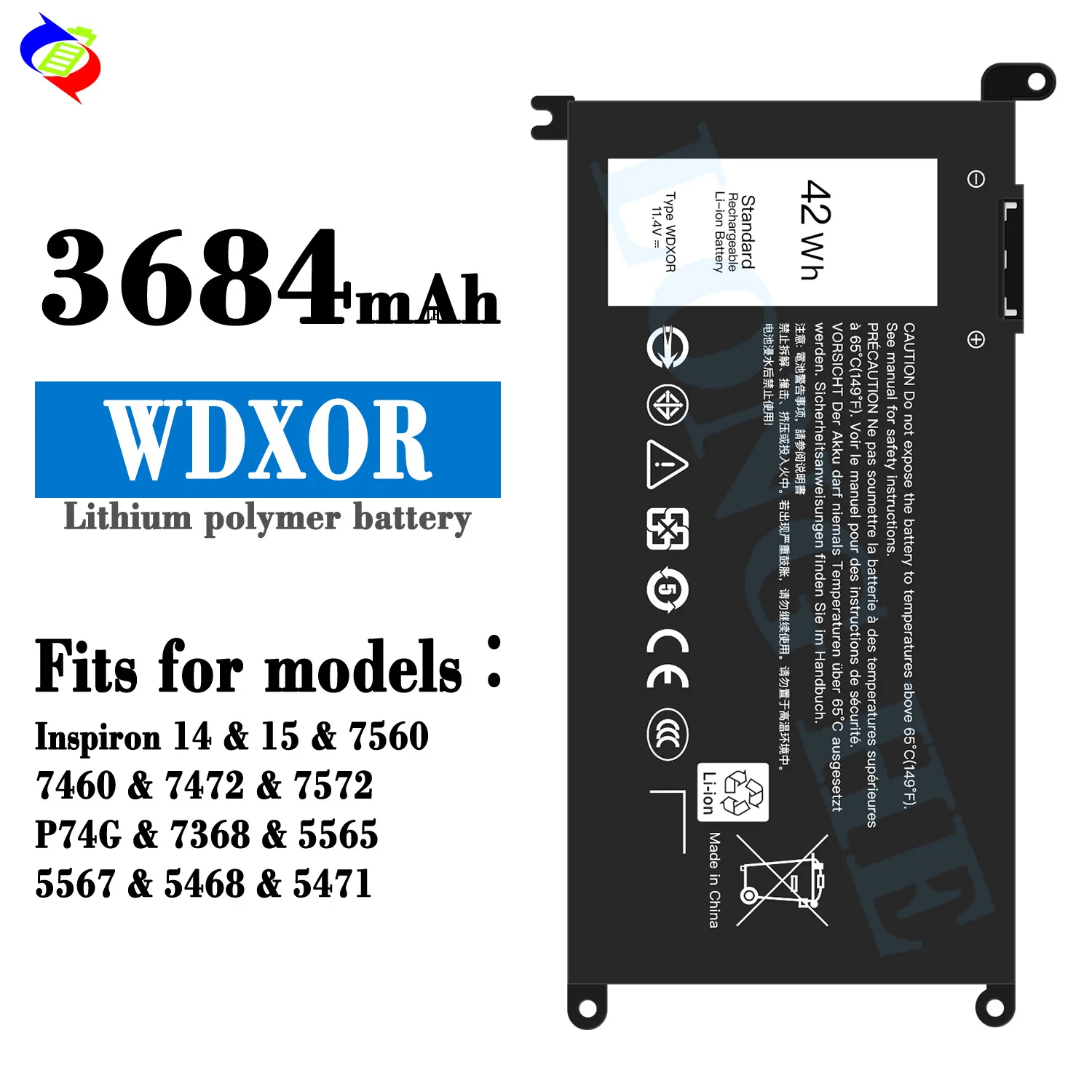 WDX0R WDXOR Laptop Battery for Dell Inspiron 13 14 15 17 5000 7000 5378 5379 5570 5770 Vostro 5471 P69G001 11.4V 42Wh Battery