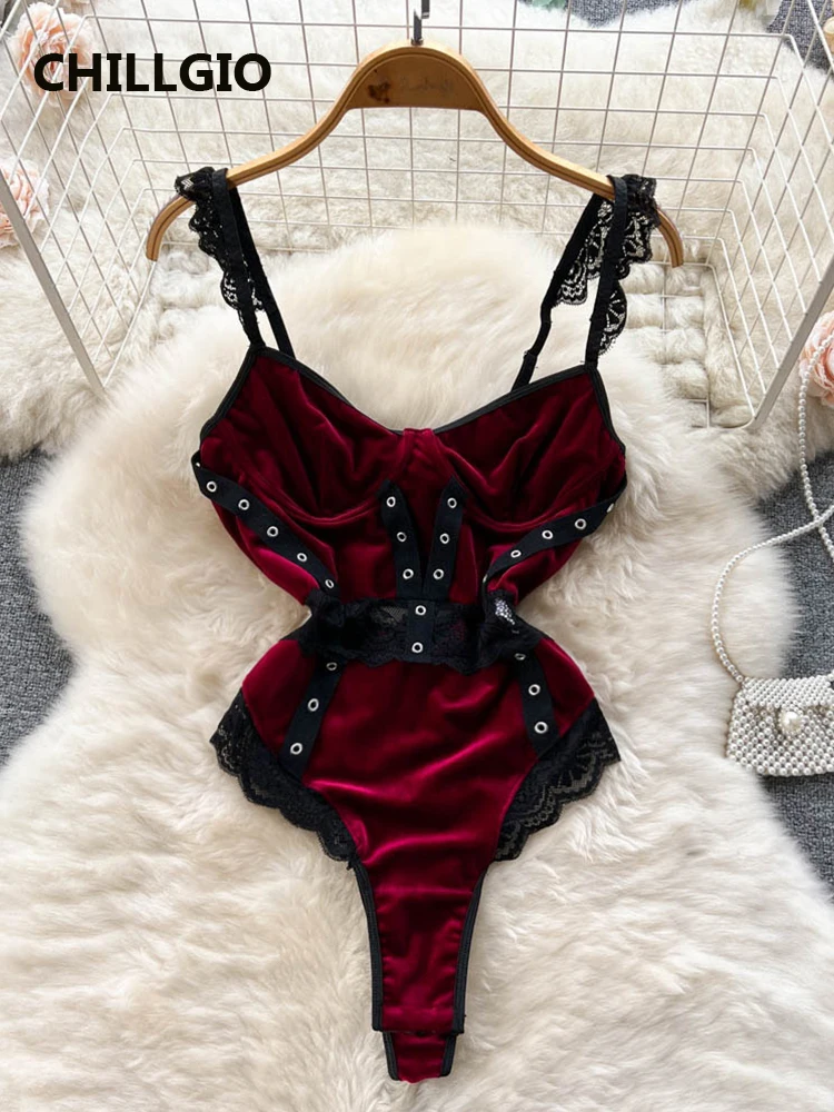 

CHILLGIO Women Velour Sexy Strappy Bodysuit Fashion Velvet Bodycon Combination Catsuit Lingerie Lace Patchwork One Piece Rompers