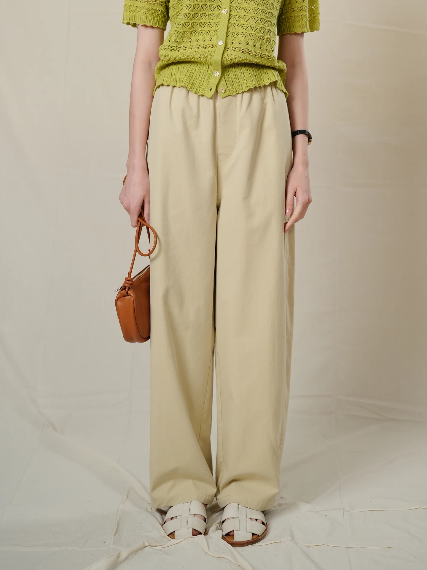 

MARCHNOON Khaki Wide Leg Pants Elastic Waist Commute Loose Versatile Casual Long Trousers French Style Pure Color Pocket