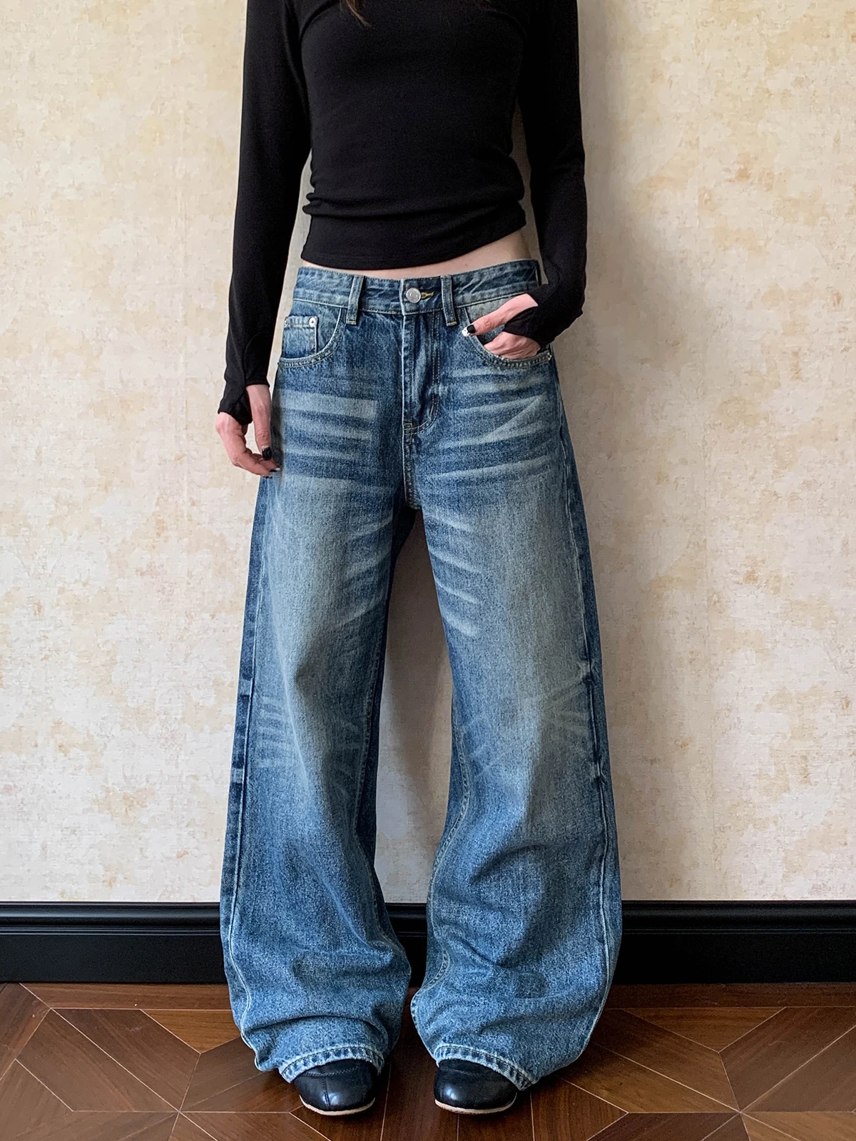 

Aket American Retro Waed Straight Leg Jeans High Waist Slimming Long Pants Men Women Casual Wear All Seasons