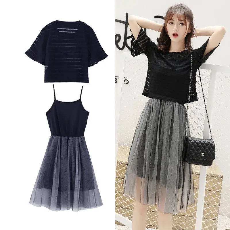 

Women's Dresses Suits Fashion Short Sleeve Tops and Mesh Skirts Set Female Two Piece Casual Elegant Outfits Ladies Suits G297