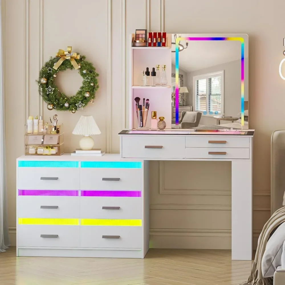 Makeup Vanity, RGB 24 Color Dimmable Lights, Charging Station, Glass Top, 3 Top Open Shelves, 9 Drawers and 2 Side Storage Racks