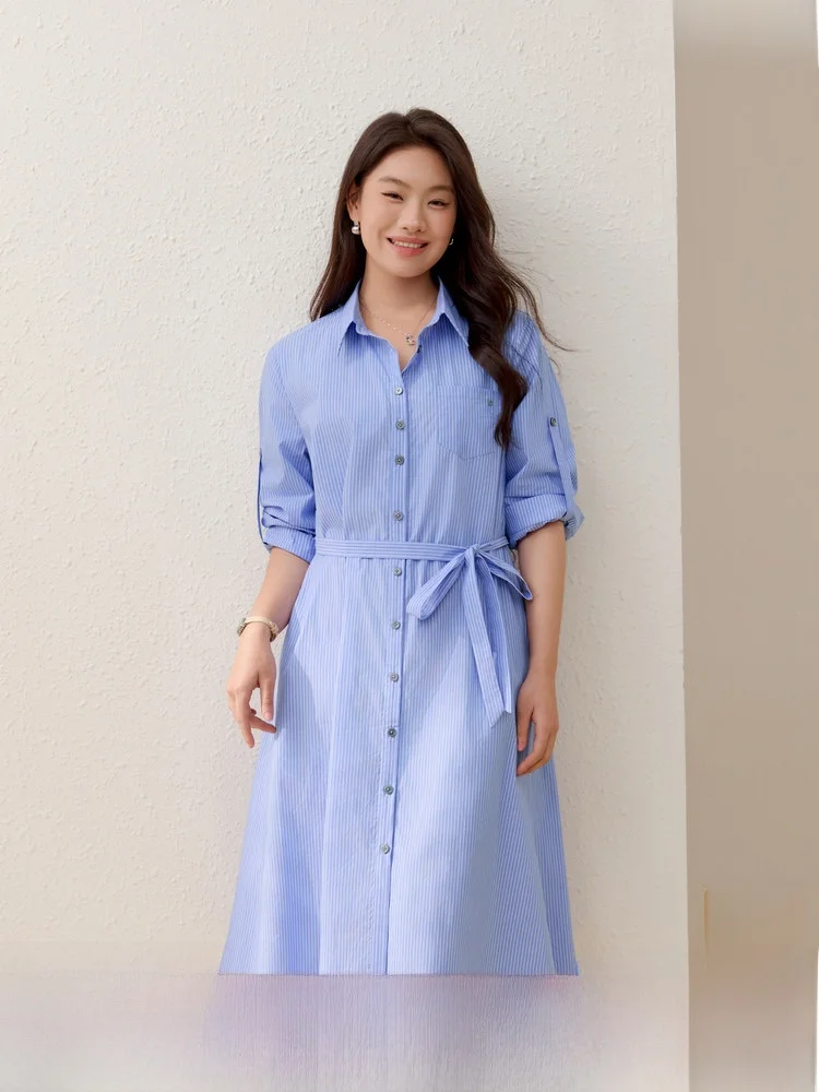 

Pure Cotton Striped irt Dr with Detachable Waist Belt for plus Size Women Spring New Arrival A-Line Skirt Commute Sle