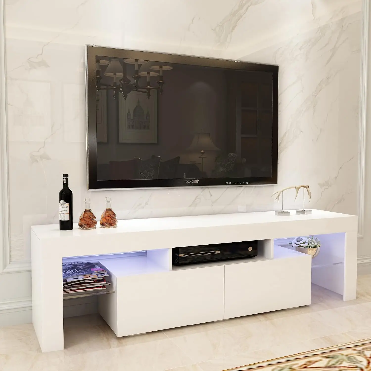 White Modern TV Stand LED Lights Storage Drawers, 63 Inch Entertainment Center Open Shelves for Living Room Bedroom, Customized