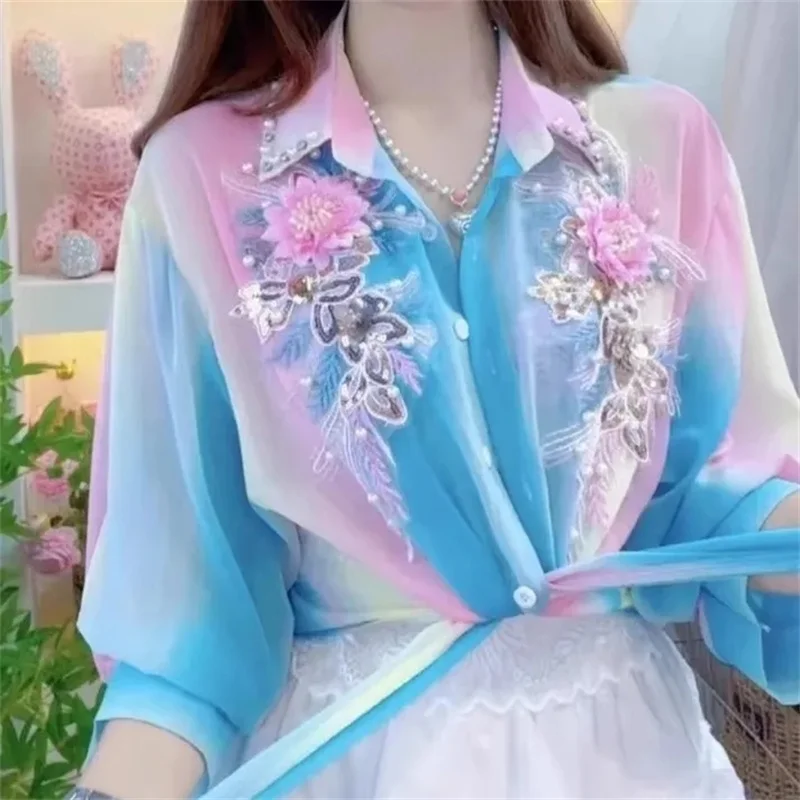 Three-Quarter Sleeves Rainbow Chiffon Sunscreen Shirt Women New Thin Shirt Covering Meat Heavy Industry Loose Shirt Summer