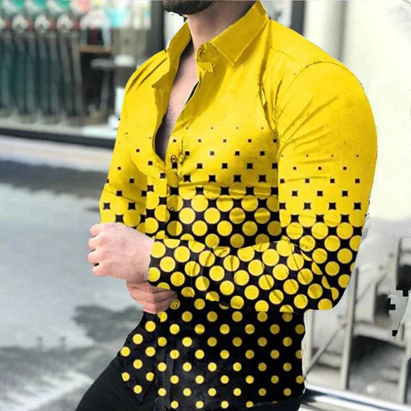 2024 Spring Men\'s Casual Long Sleeve Shirt Single Breasted Digital 3D Printed Polka Dot Lapel Shirt 6XL Party Shirt 14 Colors