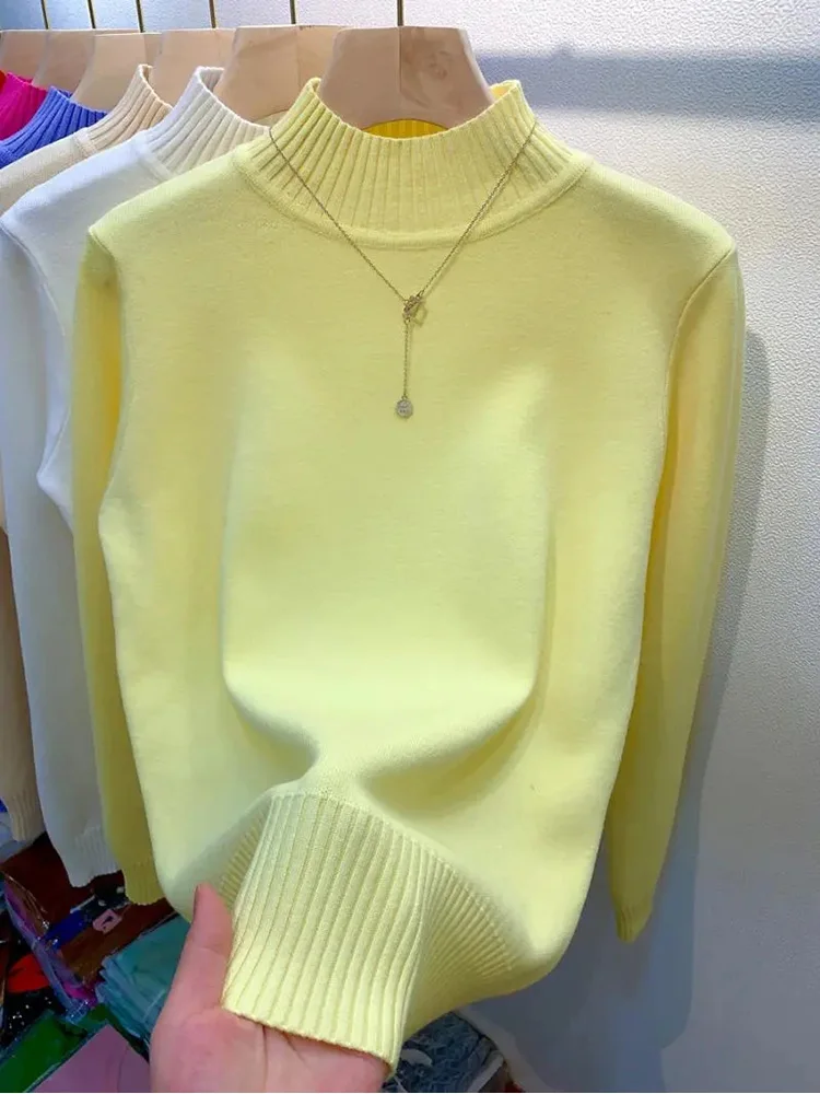 Candy Color Thick Warm Half High Collar Pullover Sweater Women New Autumn Winter Slim Long Sleeve Knitted Sweater All-match Tops